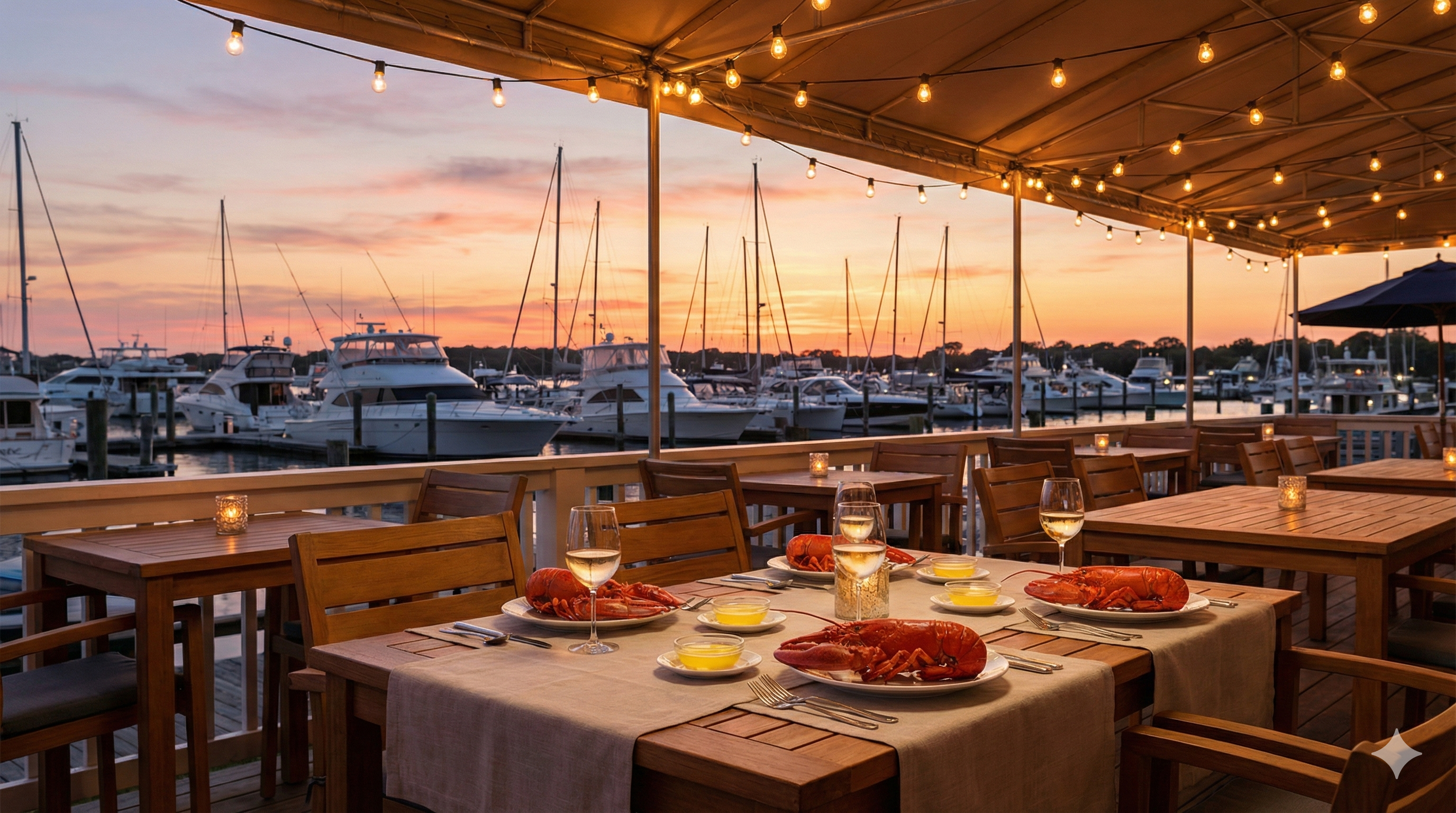 Oaklands Restaurant and Marina with fresh seafood dining near Ponquogue Beach, Hampton Bays